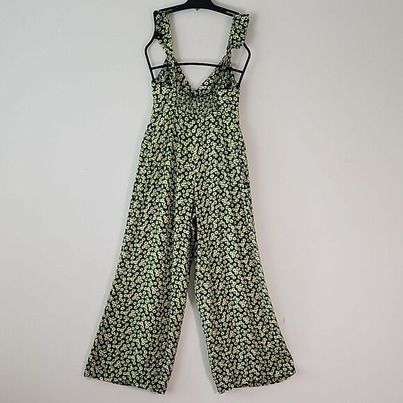 Zara Green Ditsy Floral Button Front Smocked Back Wide Leg Jumpsuit M (T20) - Picture 5 of 14